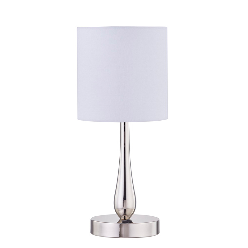 Đèn bàn phong cáchnhỏ với lớp hoàn thiệnniken được đánh bóng và một công tắc rocker/off xếp hàng tại phòng khách